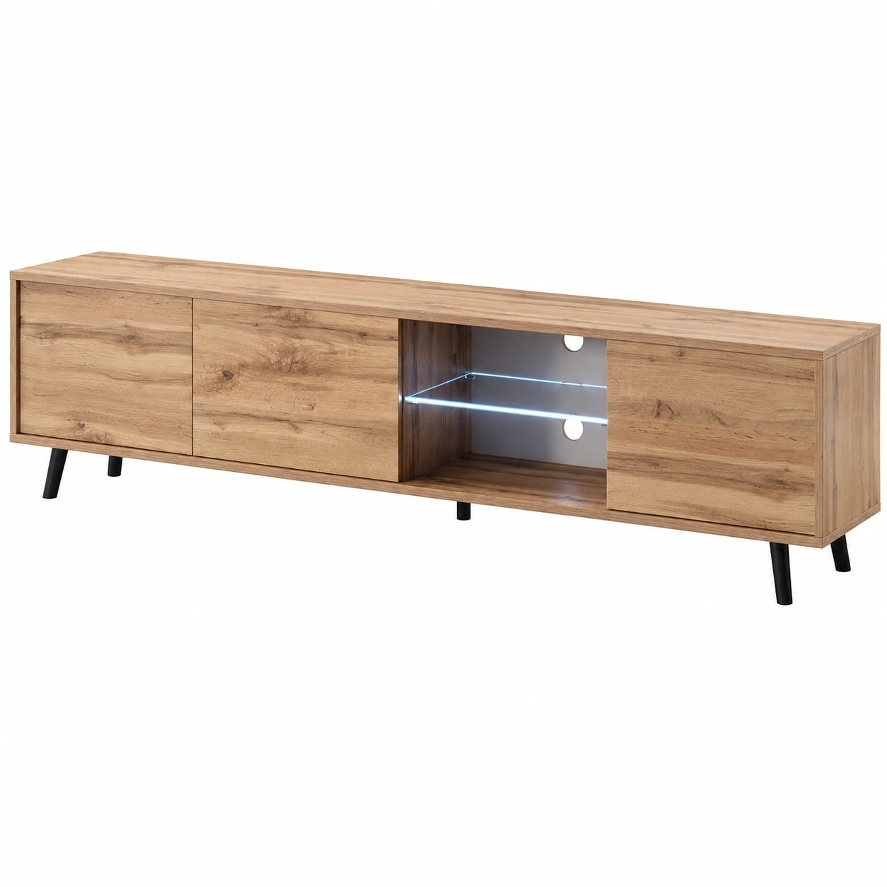Meuble TV, avec éclairage LED, en chêne et verre, coloris blanc, pour le salon