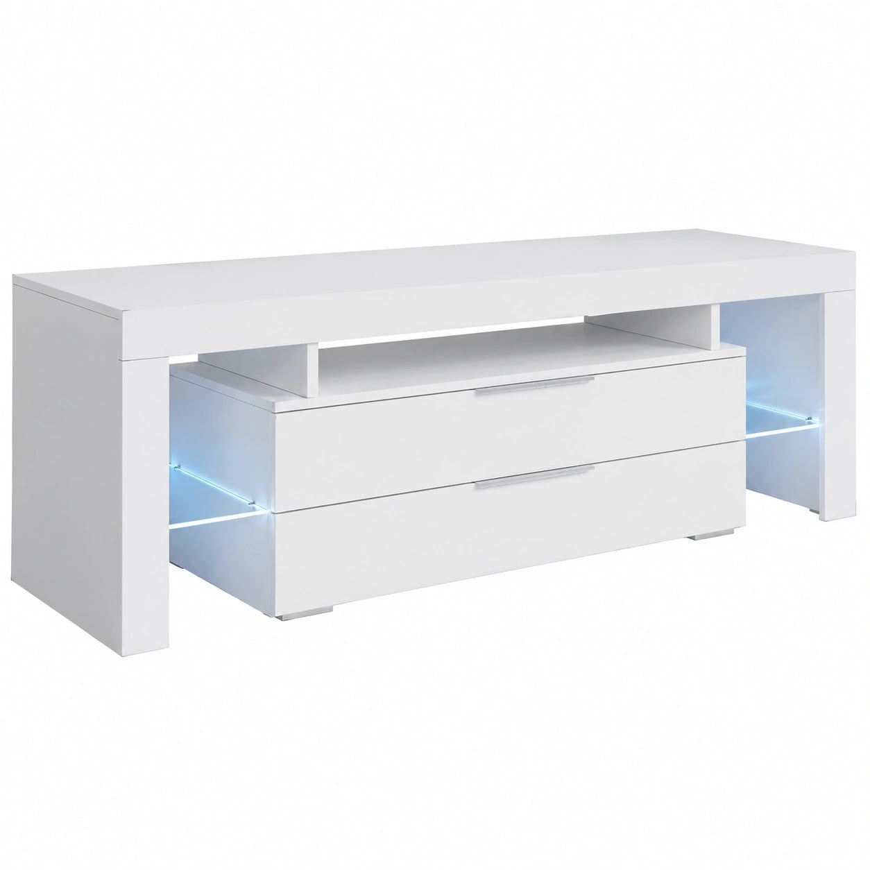 Meuble TV, avec tiroirs, avec éclairage LED, en métal, coloris blanc, 160 x 53 x 35 cm, pour le salon