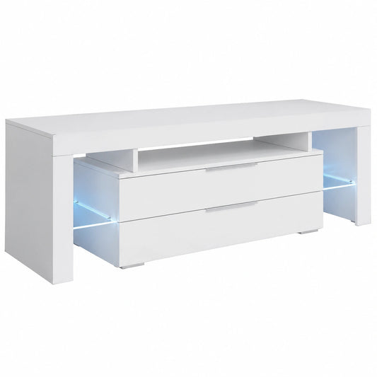 Meuble TV, avec tiroirs, avec éclairage LED, en métal, coloris blanc, 160 x 53 x 35 cm, pour le salon