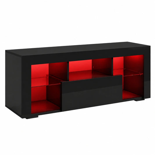Meuble TV, réglable, avec éclairage LED, coloris noir, 140 x 35 x 50,5 cm, pour le salon
