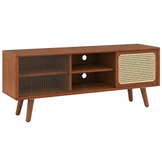 Meuble TV, avec rangement, avec portes coulissantes, avec portes, en bois massif et bambou, 120,5 x 31 x 45,5 cm, coloris brun, pour le salon